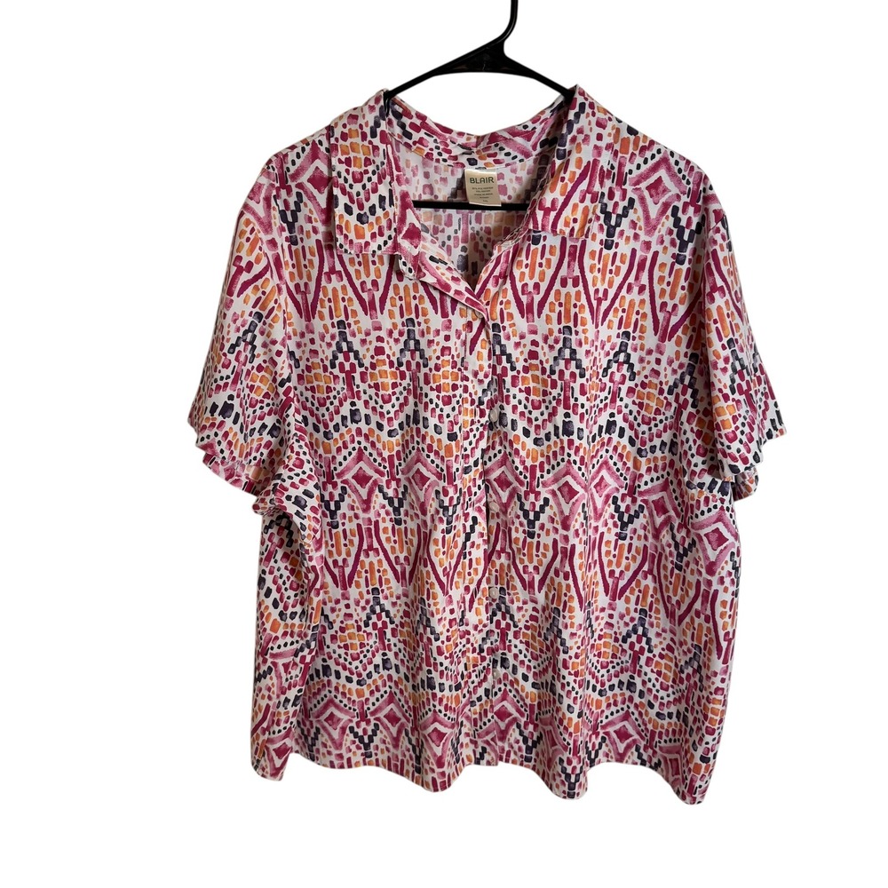 Blair Womens 3XL Blouse Short Sleeve Button Up Pink Orange Geometric Ikat B15667